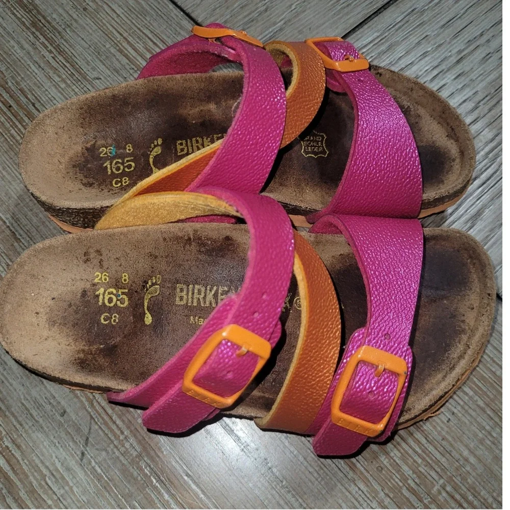 Birkenstock Franca Kids Sandals Pink Orange Metallic Strappy Slide Size 26 US 8